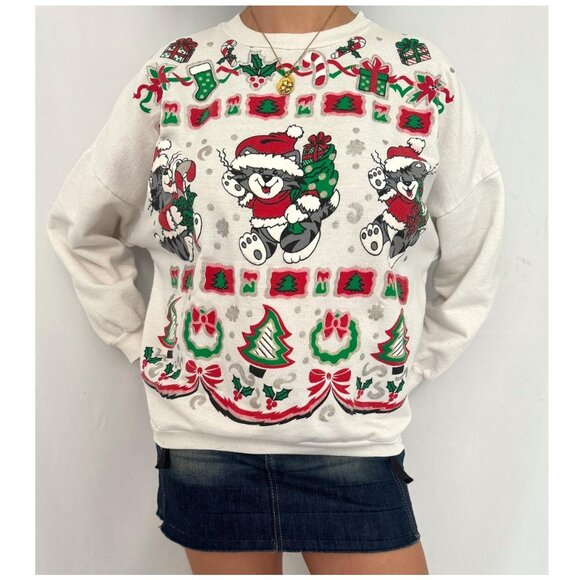 90s vintage cat kitten holiday christmas cute graphic crewneck pullover sweater - Picture 2 of 9